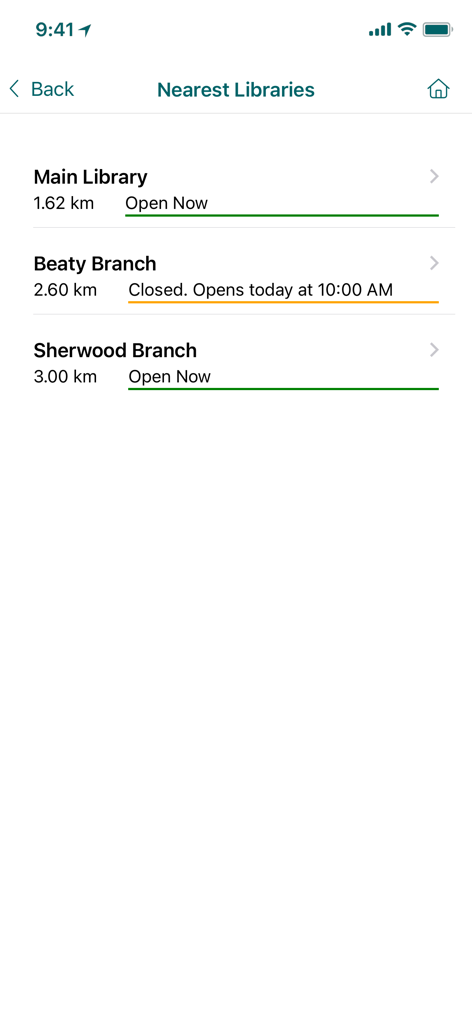 Milton Public Library - Mobile app screen showing a list of nearest library branches with their distances and current opening status