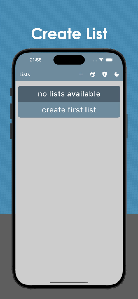 User interface of the Team Creator and Generator app showing the initial screen to create a first list on a mobile device.