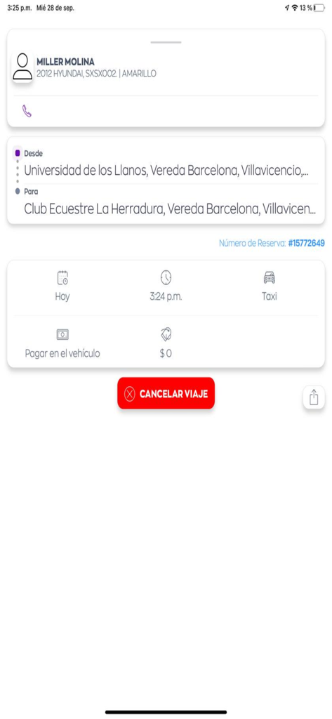 Taxi Estrella Villavicencio - Screenshot der Taxi Estrella Villavicencio App, der Fahrerdetails, Abhol- und Zielorte sowie eine Schaltfläche zum Abbrechen der Fahrt anzeigt