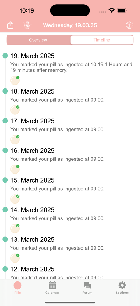 BC Pill Reminder - Timeline view showing daily birth control pill intake history and timestamps