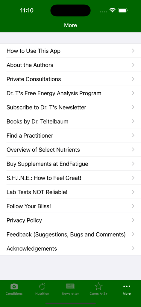 Cures A-Z - Menu screen of Cures A-Z app listing health resources and author information.