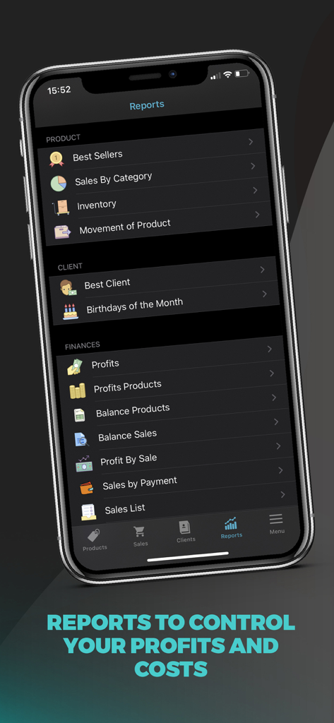 Dashboard of business reports in the My Loja Store app showing product sales and finance analytics
