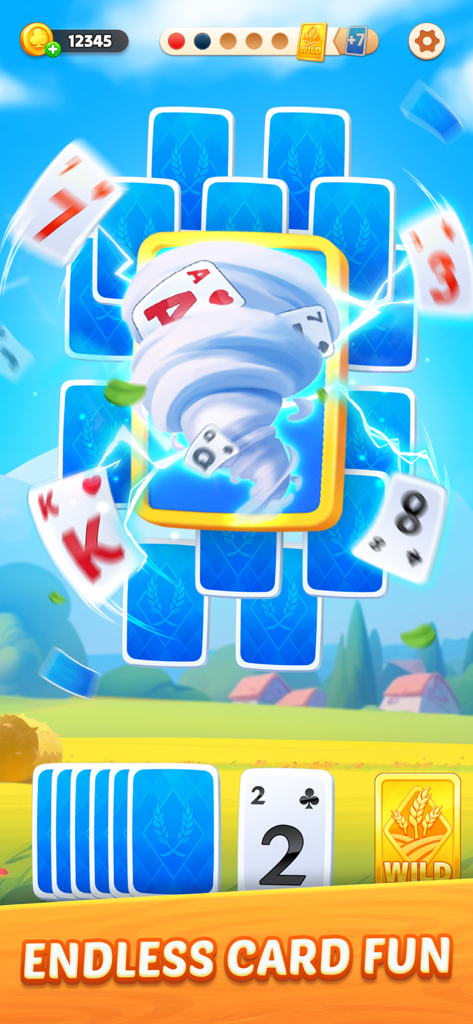 TriPeaks Solitaire card game with a tornado animation over a sunny farm landscape
