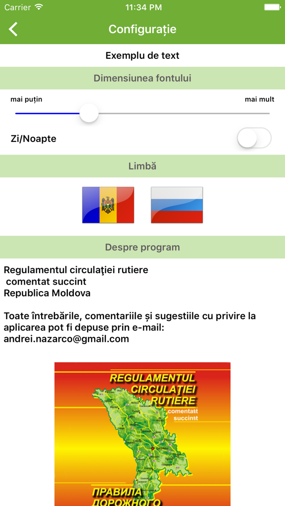 RCR Moldova - Settings screen for RCR Moldova app featuring font size adjustment, day night mode toggle, and language selection