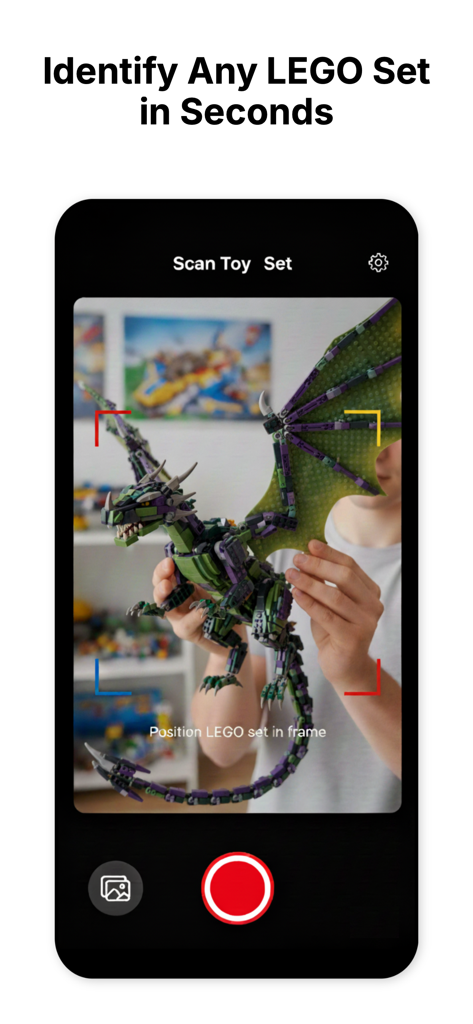 Scanner For Lego Sets - Interface do iPhone do aplicativo Lego Scanner identificando um conjunto de dragão montado usando a câmera