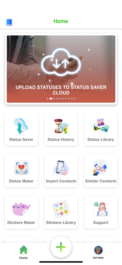 Status Saver Video Photo Save - Main dashboard of Status Saver app showing icons for Status Saver, History, Library, and Sticker Maker.