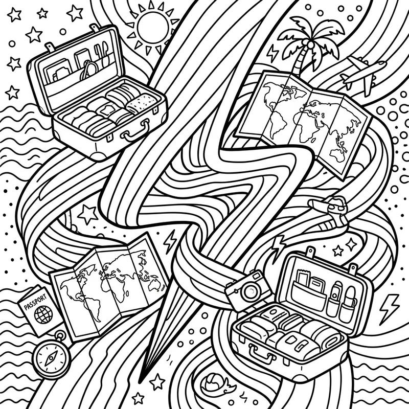 Get ready for an electrifying journey with this unique Ribbon Lightning Vacation coloring page. Explore a world of travel essentials, from packed suitcases to ancient maps, all swirling within dynamic ribbon designs, perfect for igniting your wanderlust and artistic flair.