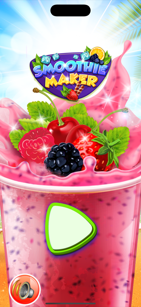 Love Smoothies Maker Game - Main menu of Love Smoothies Maker Game featuring a pink berry smoothie and a large play button