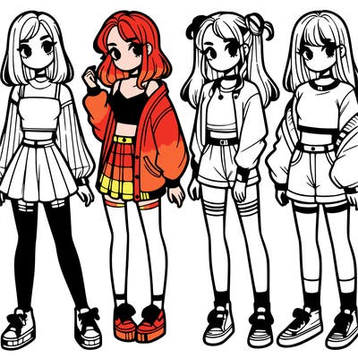one girl with crop-top shirt and a jacket with a skirt, long socks and another girl with a shirt and pants with a jacket