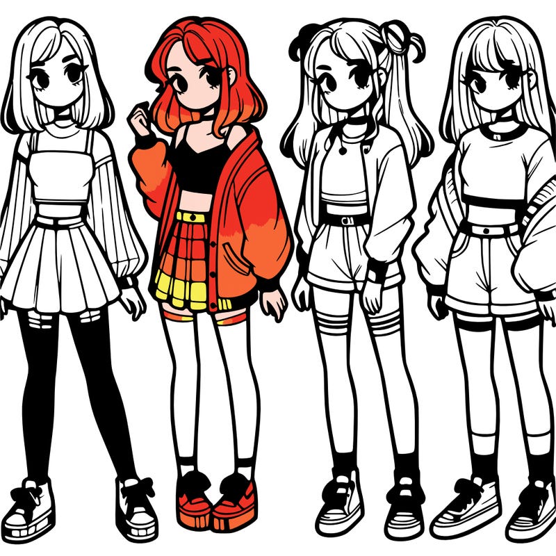 one girl with crop-top shirt and a jacket with a skirt, long socks and another girl with a shirt and pants with a jacket