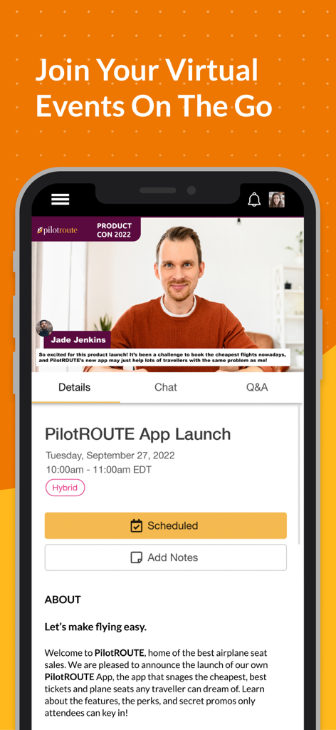 Event App by EventMobi - Mobile app interface for a virtual event session with speaker video and schedule details