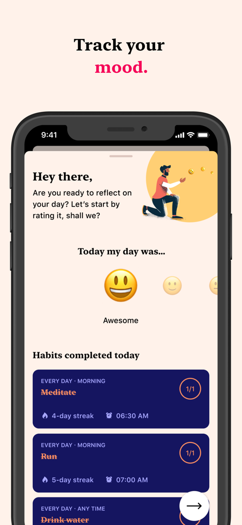 Interfaccia dell'app Tangerine che mostra il monitoraggio dell'umore con emoji e statistiche di completamento delle abitudini giornaliere