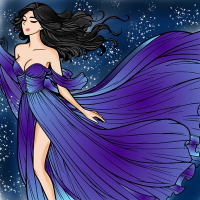 realistic woman in dress flowing the the wind