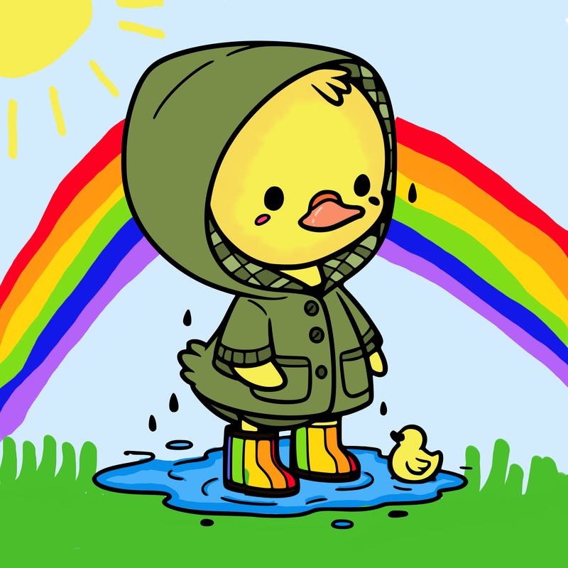 baby duck in a rain coat and boots, in a puddle while it’s raining