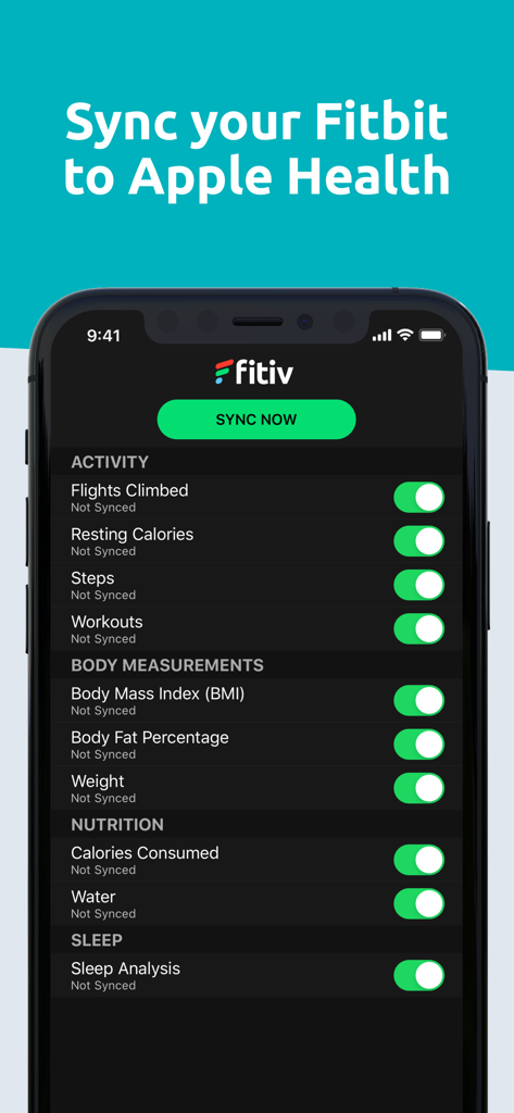 FITIV Sync for Fitbit Activity - Um ecrã de telemóvel a mostrar a aplicação FITIV Sync com botões para sincronizar métricas do Fitbit como passos, peso e sono para o Apple Health.