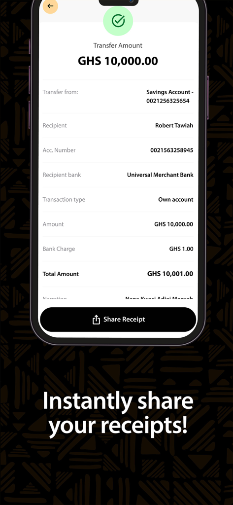 Recibo de transacción digital en UMB SpeedApp que muestra una transferencia bancaria de 10.000 Cedis Ghaneses con un botón para compartir.
