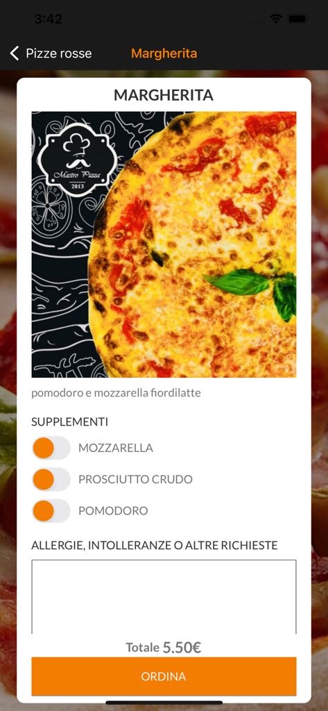 Mastro Pizza 2013 - Margherita pizza ordering screen with customization options in the Mastro Pizza 2013 app