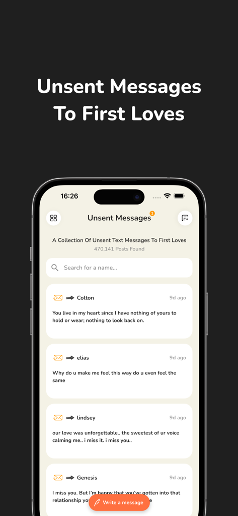 The Unsent Project - Pantalla de teléfono inteligente que muestra una colección de mensajes anónimos no enviados dirigidos a primeros amores con una barra de búsqueda y un botón para escribir un mensaje.