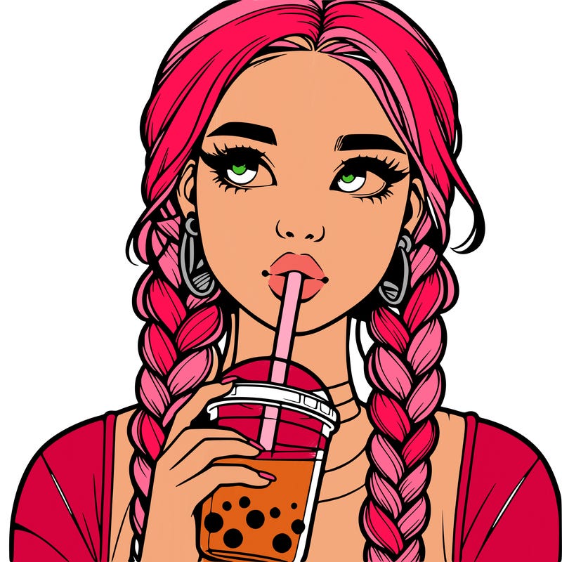 realistic girl with braided hair drinking boba