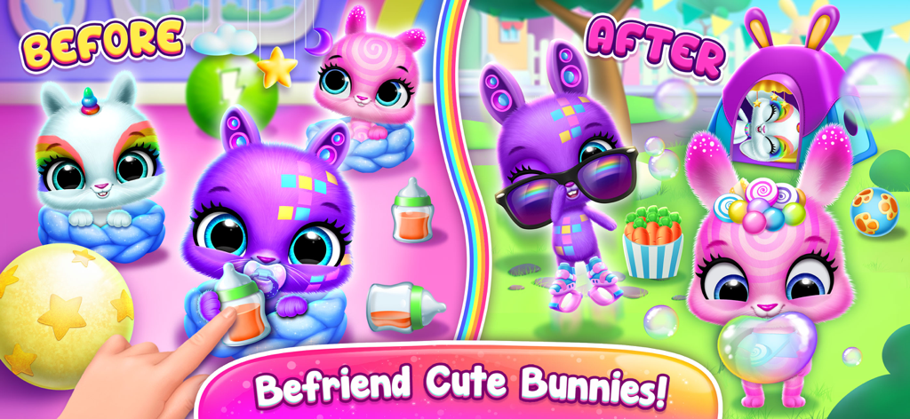 Bunnsies - Happy Pet World - Una comparación que muestra conejitos bebé siendo alimentados y conejos mayores vestidos con atuendos elegantes