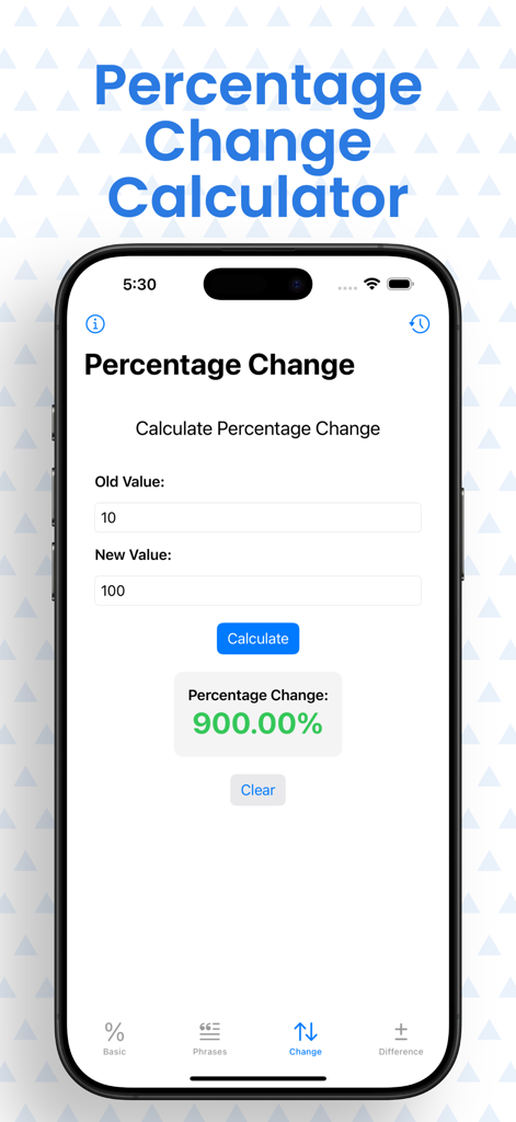 iPhone screen showing a percentage change calculation from 10 to 100 with a 900 percent result