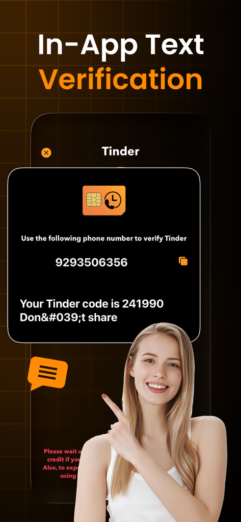 Temp Number - Temphone - Temphone App-Oberfläche, die einen In-App-SMS-Verifizierungscode für ein Tinder-Konto anzeigt.
