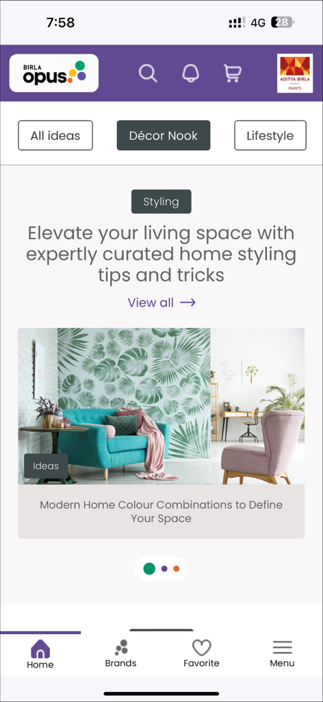 My Opus - Birla Opus app screen displaying curated home styling tips and modern color combinations