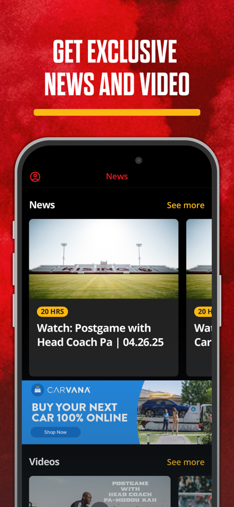 Phoenix Rising FC - Phoenix Rising FC mobile app news screen showing exclusive videos and postgame highlights from the coach