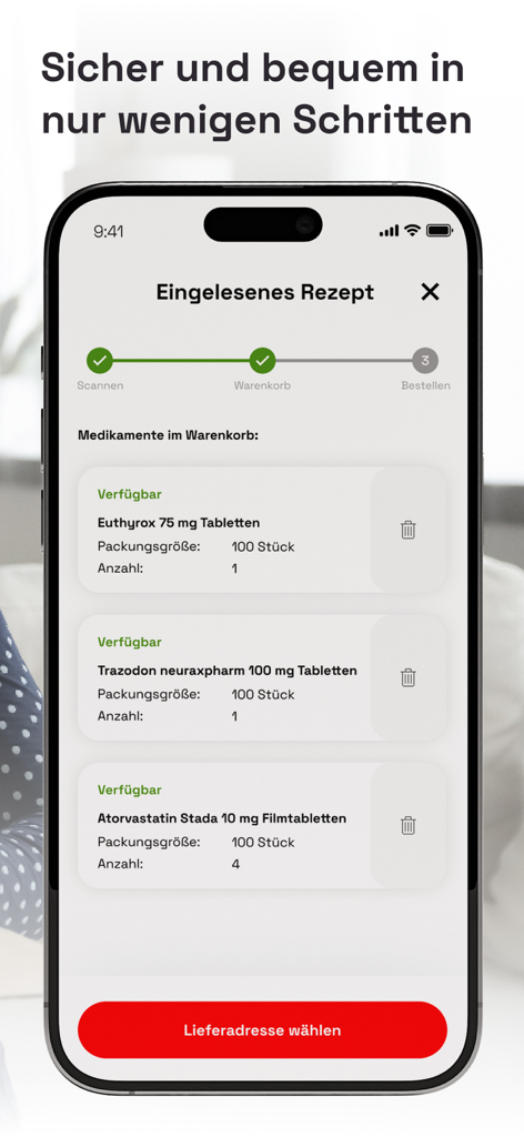 E-Rezept APP - E-Rezept app interface showing a shopping basket with scanned medications and an order progress bar