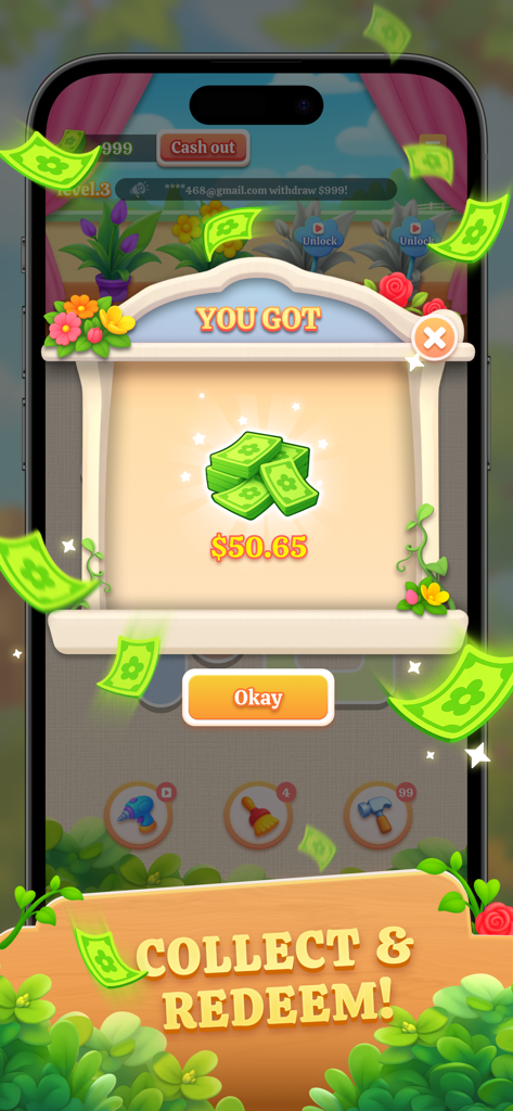 Frenzy Screw Puzzle reward screen showing cash bonuses and collect and redeem text