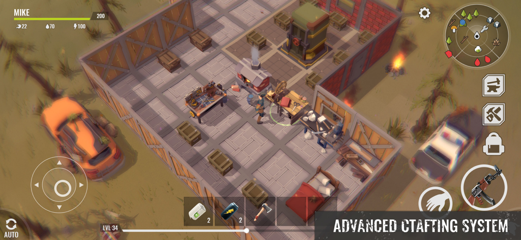 No Way To Die: Time to Survive - A character in No Way To Die managing a survival base with an advanced crafting system including a workbench and furnace