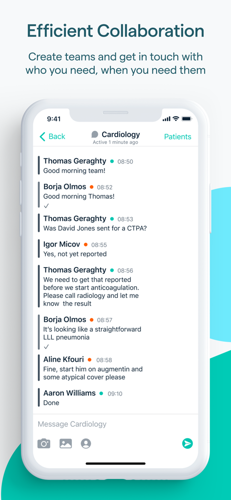 Pando - Connecting Healthcare - Interface de chat d'équipe sécurisée dans l'application Pando montrant des professionnels de la santé collaborant aux soins des patients dans une équipe de cardiologie.