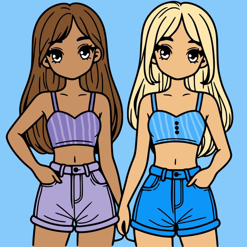 two sisters with crop tops and jean shorts and straight hair