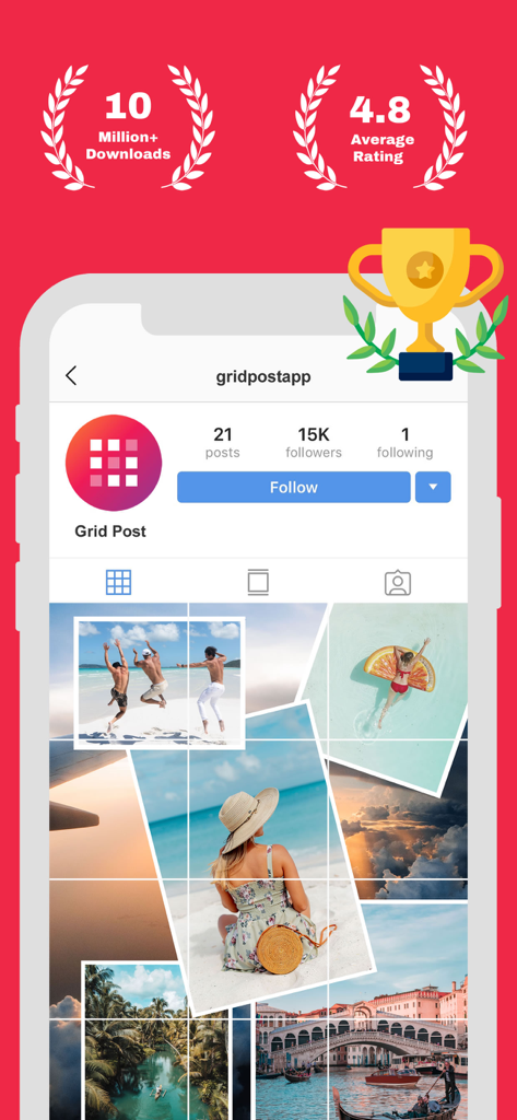 Interfaz de la aplicación Grid Post que muestra una cuadrícula estética de Instagram con fotos de viajes y estadísticas de calificación de usuarios.