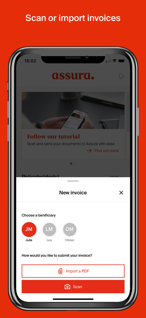 Assura - Assura mobile app interface showing options to scan or import medical invoices for family members