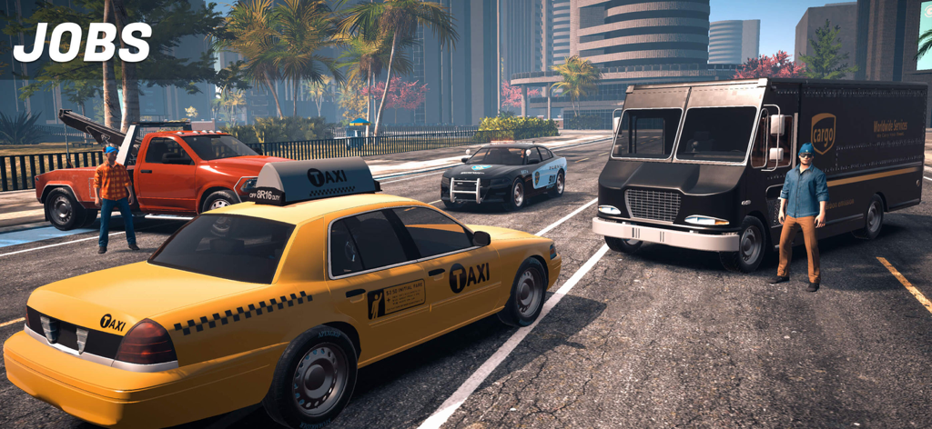 Showcase of various vehicle jobs including taxi police and delivery truck in an open world setting