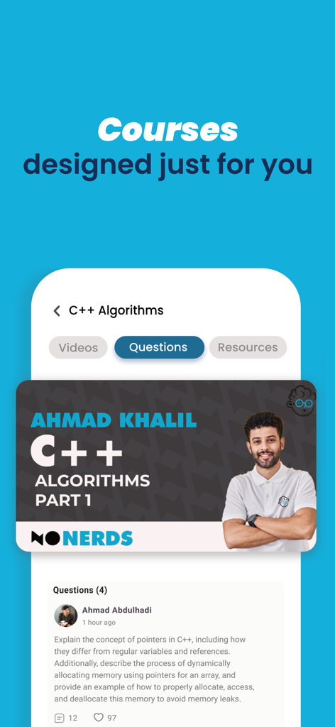 NoNerds - NoNerds app interface showing a C++ Algorithms course page with instructional videos and student questions.