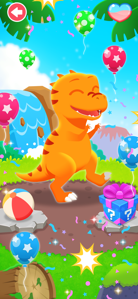 A happy orange cartoon dinosaur celebrating with colorful balloons and a gift box in a tropical forest.
