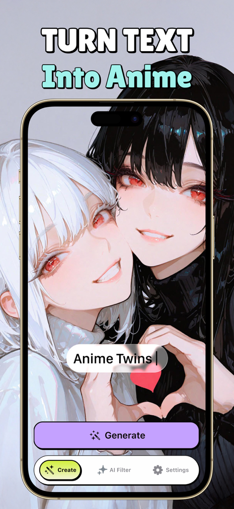 Anime Art: AI Photo Generator - A mobile interface showing the text to anime feature of the Anime Art AI app with generated twin characters