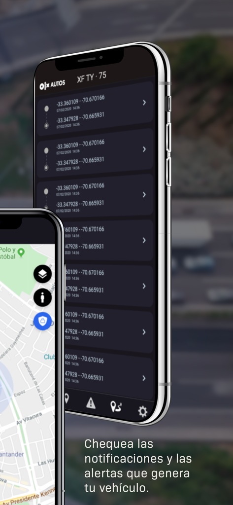 GPS OLX AUTOS - App interface for GPS OLX AUTOS showing vehicle notifications and a tracking map on iPhones.
