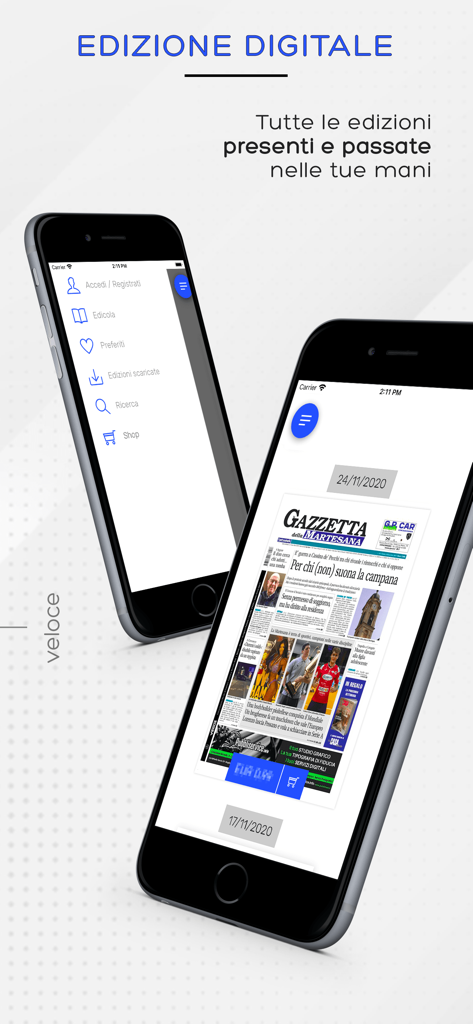 Gazzetta della Martesana - Two iPhones displaying the Gazzetta della Martesana app showing its side menu and a digital newspaper edition