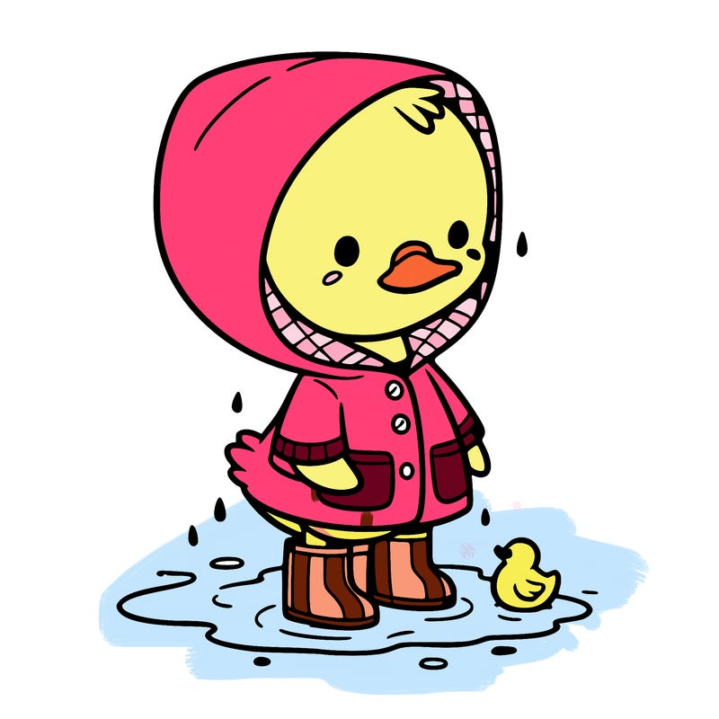 baby duck in a rain coat and boots, in a puddle while it’s raining