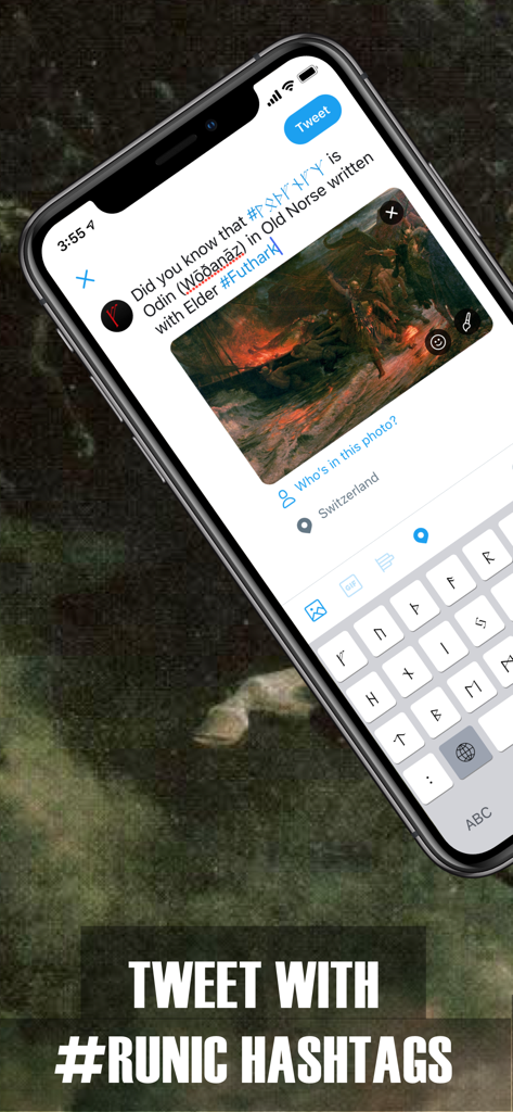 Rune Keyboard: Norse Futhark - A smartphone displaying a tweet being composed with a Norse Futhark rune keyboard and runic hashtags.