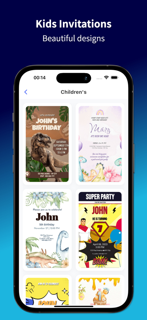 Birthday Invitation Easy 2025 - Pantalla de aplicación móvil que muestra varias plantillas de invitaciones de cumpleaños para niños, incluidos temas de dinosaurios y superhéroes.