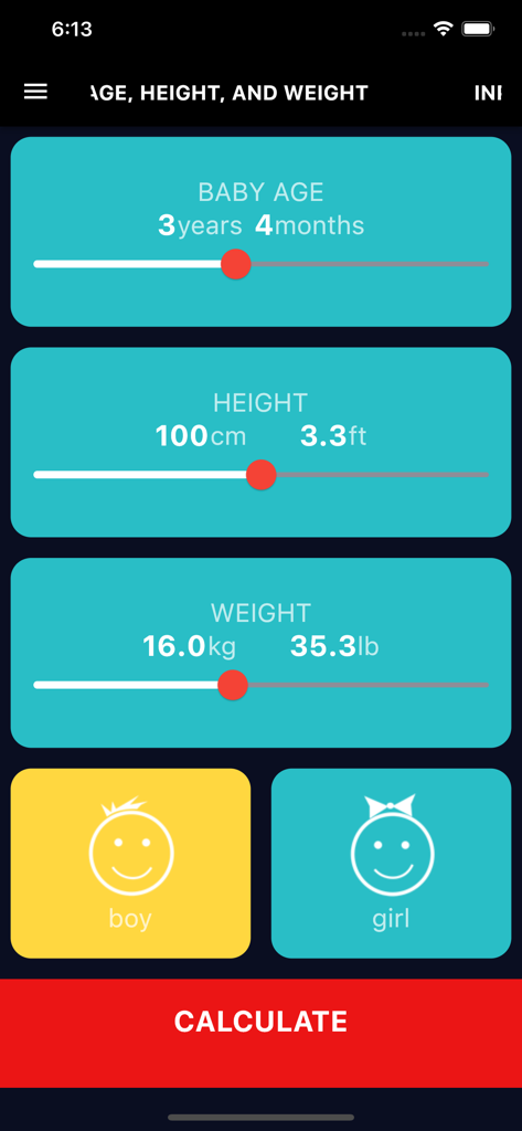 Ideal Weight & BMI Calculator - Screen from the Ideal Weight and BMI Calculator app showing age height and weight input sliders for a child