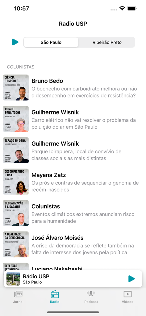 Jornal da USP - Radio USPインターフェース。学術コラムニストとステーション選択ボタンが表示されています。