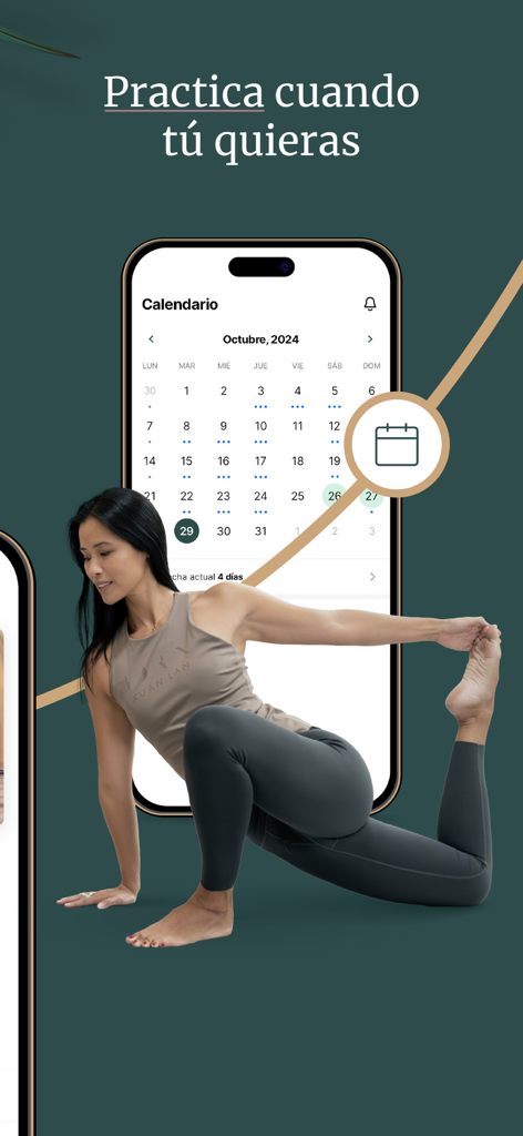 Xuan Lan Yoga y Bienestar - Xuan Lan Yoga app interface showing a practice calendar and a woman performing a yoga pose