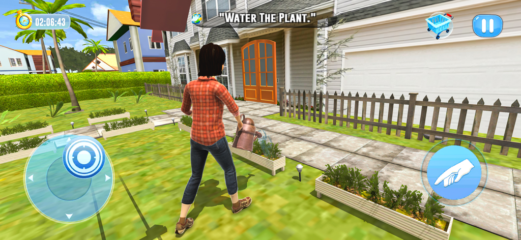 Virtual Mom Sim Game - Un personaje 3D regando plantas en un jardín suburbano en Virtual Mom Sim Game.