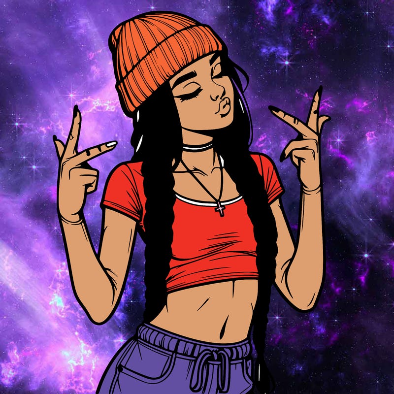 realistic teenage girl with braids and a beanie and crop top doing 🫶🏼