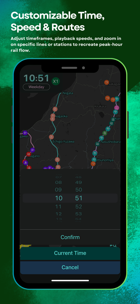 Smartphone screen showing a rail map of Japan and a time picker for real-time simulation.